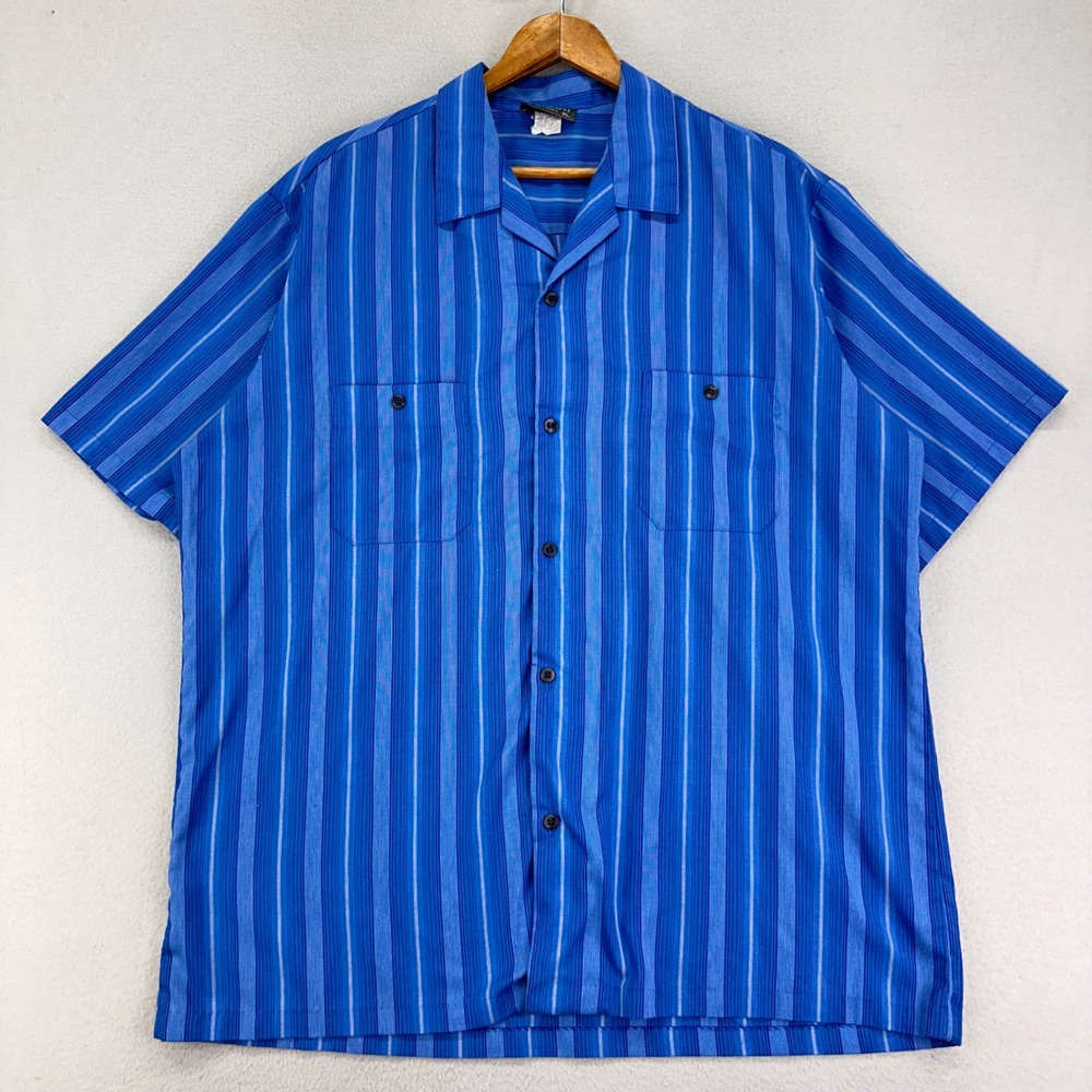 VTG Triumph California Camp Shirt Mens XL Blue Striped Retro Short‎ Sleeve USA